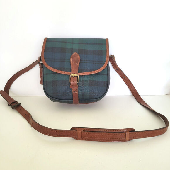 Ralph Lauren Vintage Green Brown Tartan Plaid Shoulder Flap Bag Saddle Small - Picture 1 of 10